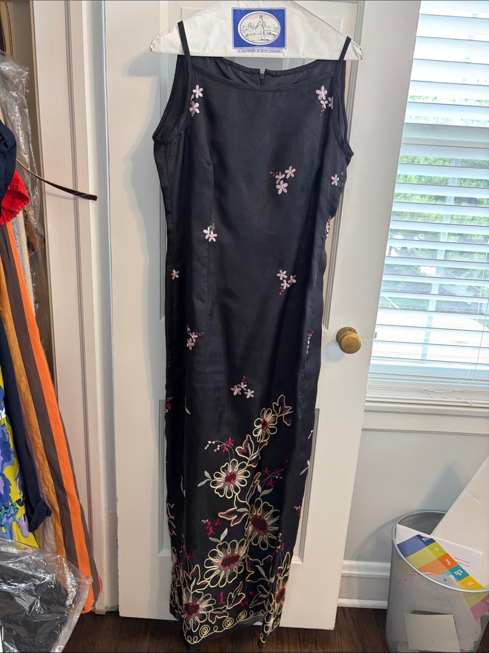 Black Maxi Slip Dress with Pink Floral Embroidery